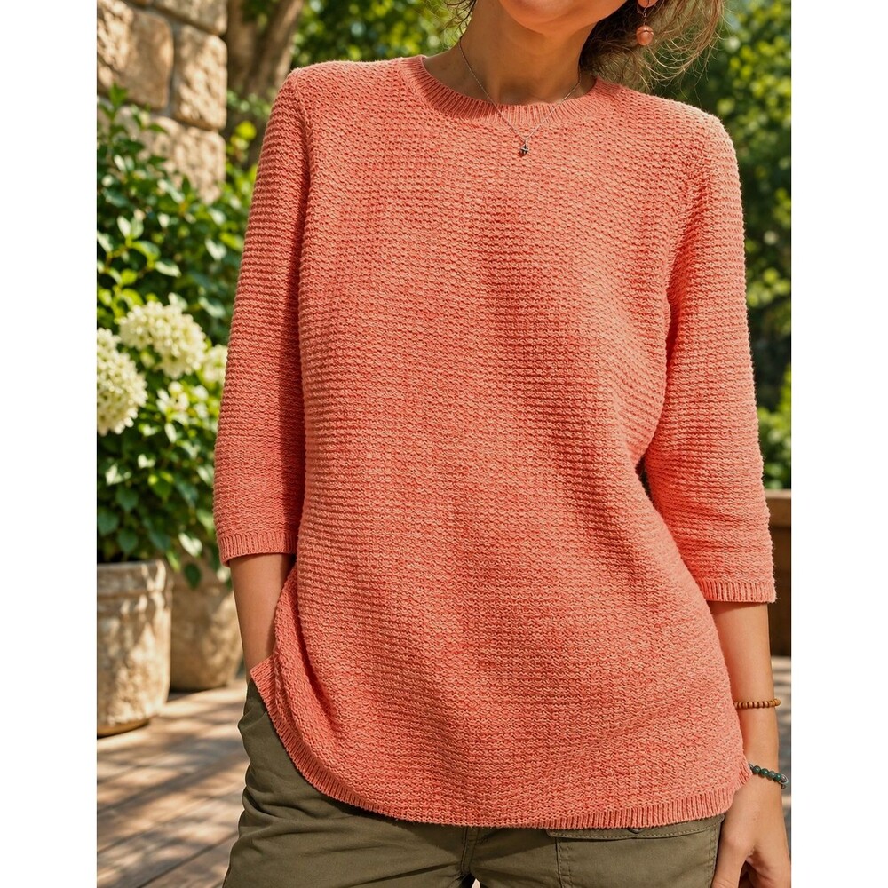 Coral Cotton Tunic Sweater Textured 3/4 Sleeve Knit Top Croft & Barrow M L Fall